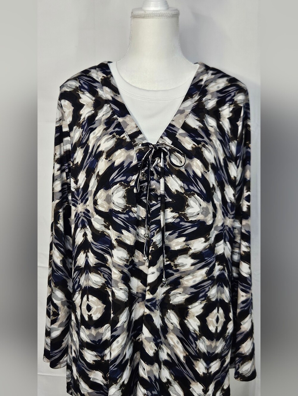Notations Lace-Up V-Neck Abstract Print Blouse - Black, Navy & Cream